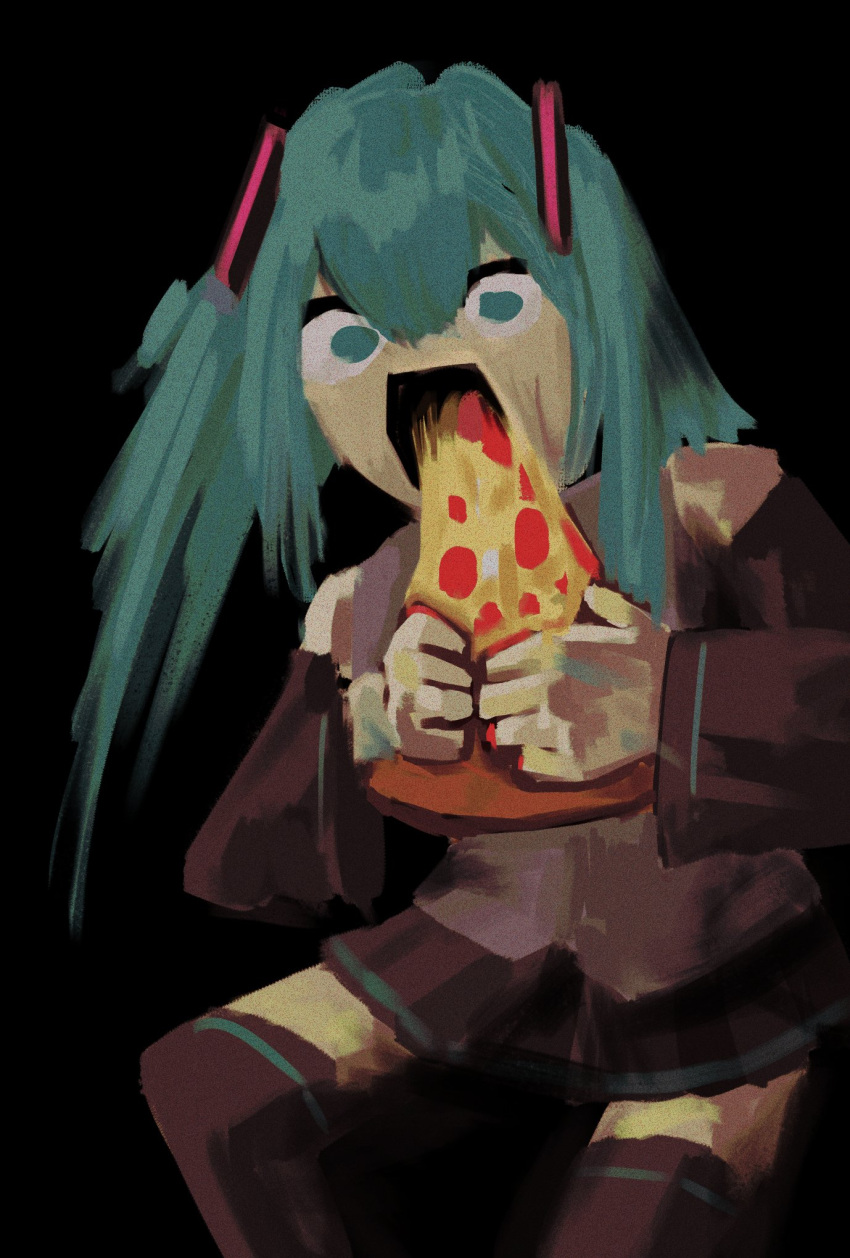 1girl alurisnow aqua_eyes aqua_hair bangs bare_shoulders black_background black_skirt black_thighhighs blue_eyes blue_hair commentary constricted_pupils detached_sleeves eating english_commentary fine_art_parody food grey_shirt hair_ornament hairclip hands_up hatsune_miku highres holding holding_food long_hair looking_at_viewer miniskirt open_mouth own_hands_together parody pizza pleated_skirt safe saturn_devouring_his_son shiny shiny_hair shirt sidelocks simple_background sketch skirt sleeveless sleeveless_shirt solo standing thigh-highs thighhighs twintails vocaloid wide-eyed zettai_ryouiki
