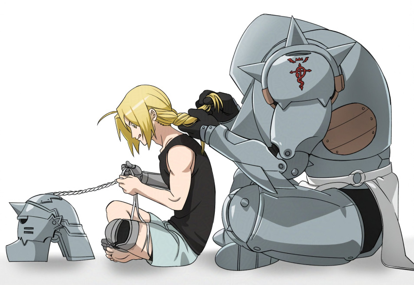 2boys ahoge alphonse_elric apron armor barefoot black_tank_top blonde_hair braiding_another's_hair brothers commentary disembodied_head edward_elric full_armor full_body fullmetal_alchemist highres horns indian_style long_hair male_focus mechanical_arms mechanical_legs multiple_boys okbdko123 parted_bangs parted_lips plate_armor prosthesis prosthetic_arm prosthetic_leg shirt shorts shoulder_spikes siblings single_horn single_mechanical_arm single_mechanical_leg sitting sleeveless sleeveless_shirt spikes tank_top tongue tongue_out untranslatable_commentary waist_apron white_apron white_background white_shorts