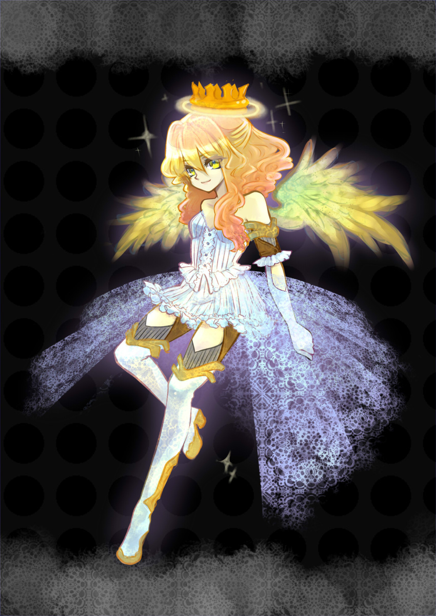 bare_shoulders blonde_hair boots crown dress elbow_gloves gloves halo highres long_hair original smile solo thigh-highs thigh_boots thighhighs w_p_akikaga wings yellow_eyes