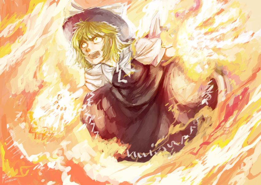 2011 absurdres angry black_dress blonde_hair crazy crazy_eyes dated dress fire hat highres open_mouth shinigamiwyvern short_hair signature solo touhou touhou_(pc-98) yuki_(touhou)