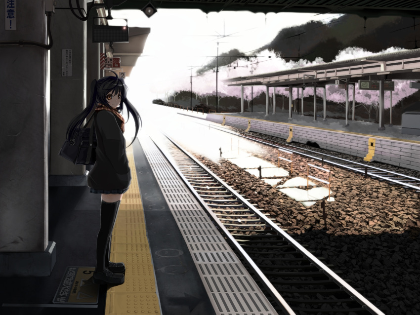 1girl amino_dopple bag black_hair blazer character_request cherry_blossoms copyright_request hand_in_pocket highres loafers long_hair orange_eyes plaid plaid_scarf railroad_tracks rock scarf school_bag school_uniform seifuku shoes shoulder_bag sign skirt sky smile solo standing thigh-highs thighhighs train_station tree twintails waiting
