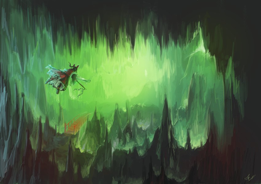 1girl absurdres bridge cave flying gohei green hakurei_reimu highres mizuhashi_parsee multiple_girls scenery shinigamiwyvern signature solo subterranean_animism touhou