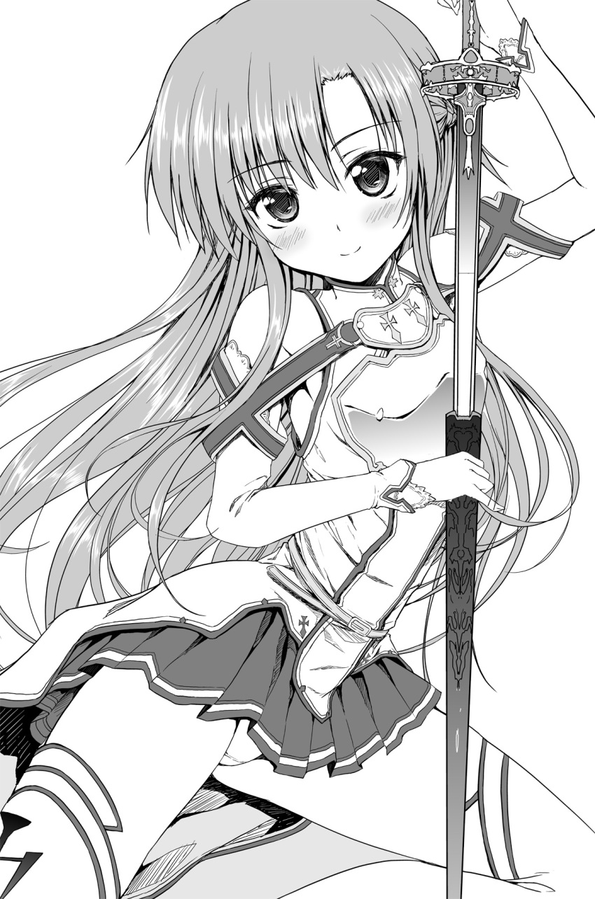 akizuki_akina armor asuna_(sao) blush detached_sleeves greyscale highres long_hair looking_at_viewer monochrome panties pantyshot pleated_skirt scabbard sheath skirt smile solo sword sword_art_online thigh-highs thighhighs underwear unsheathing weapon white_background yuuki_asuna