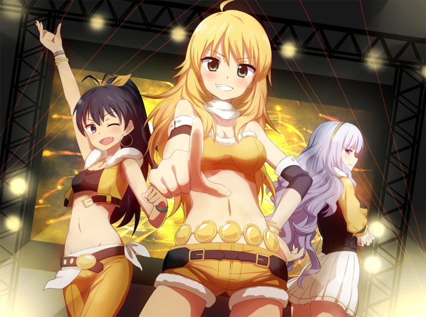 >:d :d arm_up beyond_the_nobles beyond_the_vibes beyond_the_wishes black_hair blonde_hair bracelet fang fudama ganaha_hibiki grin hairband hand_on_hip hoshii_miki idolmaster jewelry long_hair midriff multiple_girls navel open_mouth pointing ponytail profile project_fairy raised_hand shijou_takane silver_hair smile spotlight stage wink