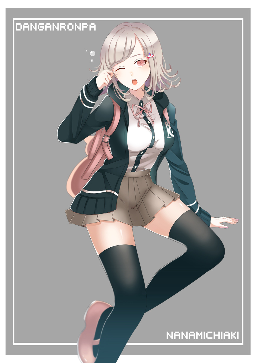 jacket nanami_chiaki pink_eyes school_bag seifuku short_hair super_dangan_ronpa_2 thighhighs violet_hair wink