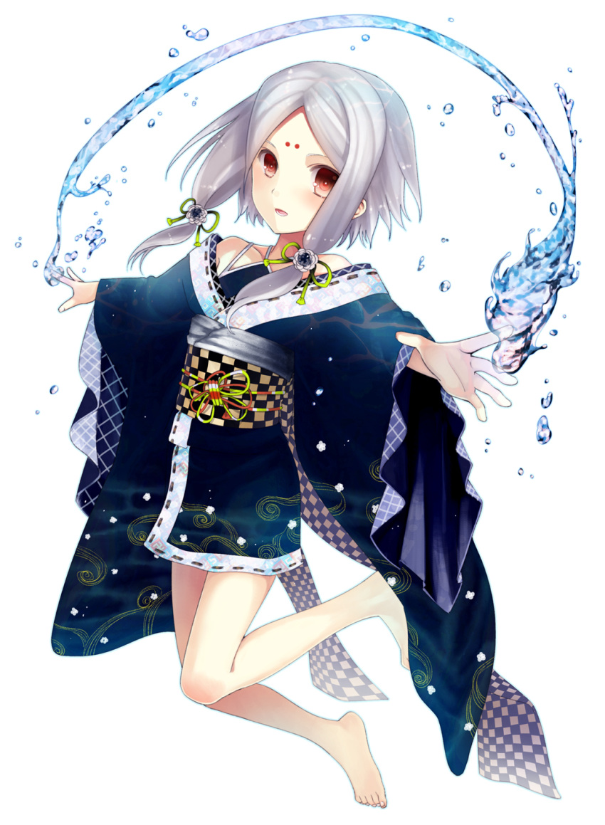 bare_legs barefoot facial_mark female flower forehead_mark hair_ornament highres japanese_clothes kimono open_mouth original payot red_eyes short_hair solo water white_background white_hair yuuki_rika