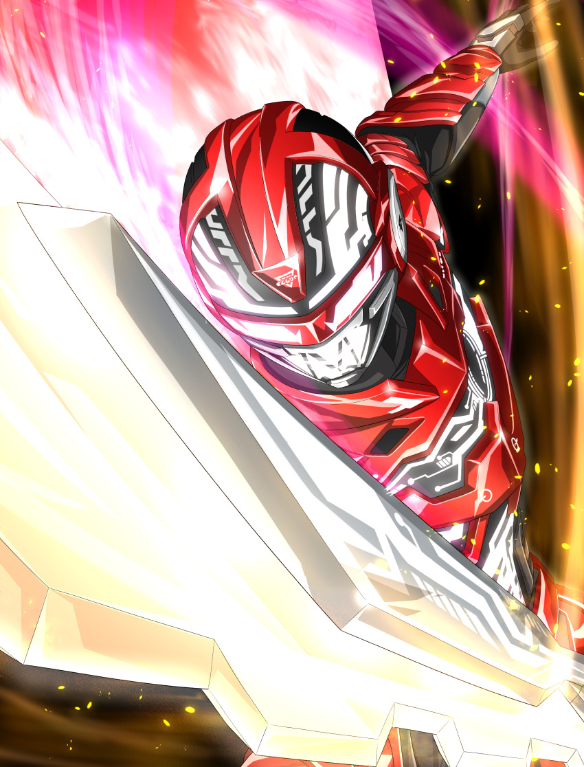1boy absurdres armor armored_bodysuit black_bodysuit bodysuit character_mask chou_uchuu_keiji_gavan_infinity combat_helmet commentary_request full_armor gavan_infinity gavarion_blade giga_hamster glowing glowing_sword glowing_weapon helmet highres holding holding_sword holding_weapon male_focus mask red_armor red_bodysuit red_helmet science_fiction solo sword tokusatsu weapon
