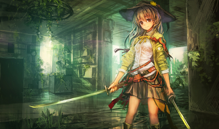 belt boots brown_eyes brown_hair copyright_request dress_shirt dual_wielding hat inside jacket katana knee_boots lm7_(op-center) long_hair looking_at_viewer overgrown peace_symbol plant pleated_skirt ribbon scenery school_uniform shirt skirt sleeves_pushed_up smile smiley_face soldier solo sword weapon