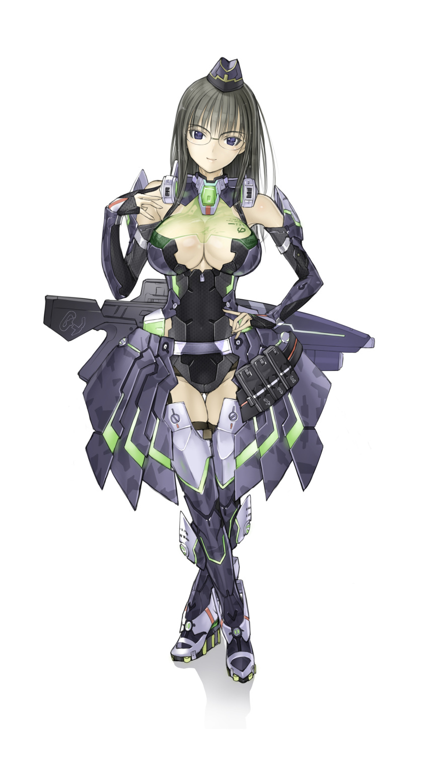absurdres black_hair blue_eyes boots breasts cleavage crossed_legs crossed_legs_(standing) elbow_gloves glasses gloves gun hand_on_hip hat highres hips large_breasts light_smile looking_at_viewer nakaba_reimei phantasy_star phantasy_star_online phantasy_star_online_2 purple_eyes rifle simple_background sitting sketch smile solo standing thigh-highs thigh_boots thighhighs thousand_rim violet_eyes weapon white_background