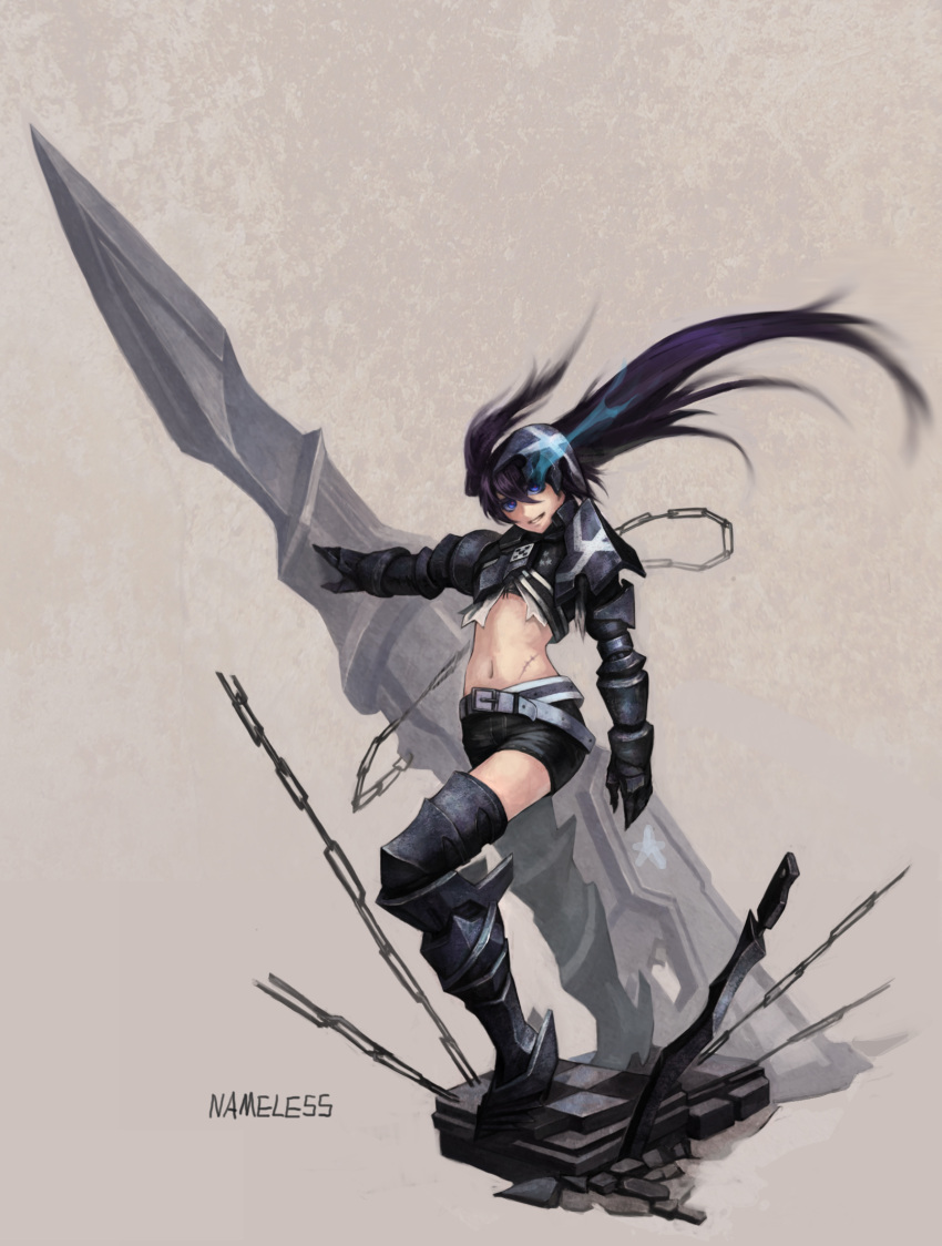 belt black_hair black_rock_shooter blue_eyes boots chain chains gauntlets glowing glowing_eyes greaves highres huge_weapon insane_black_rock_shooter kote_(tures) long_hair looking_at_viewer midriff navel scar shorts smile solo twintails very_long_hair weapon