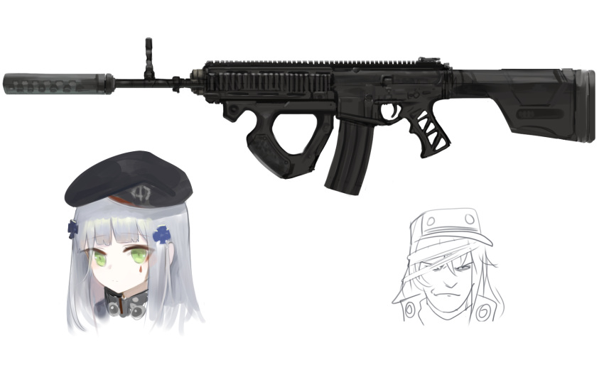 2girls bangs beret black_headwear black_jacket closed_mouth commentary cropped_shoulders dokomon english_commentary eyebrows_visible_through_hair facial_mark flat_cap g11_(girls'_frontline) girls_frontline green_eyes grey_hair gun hair_ornament hat highres hk416_(girls'_frontline) jacket long_hair looking_at_viewer man_face multiple_girls portrait simple_background suppressor weapon weapon_request white_background