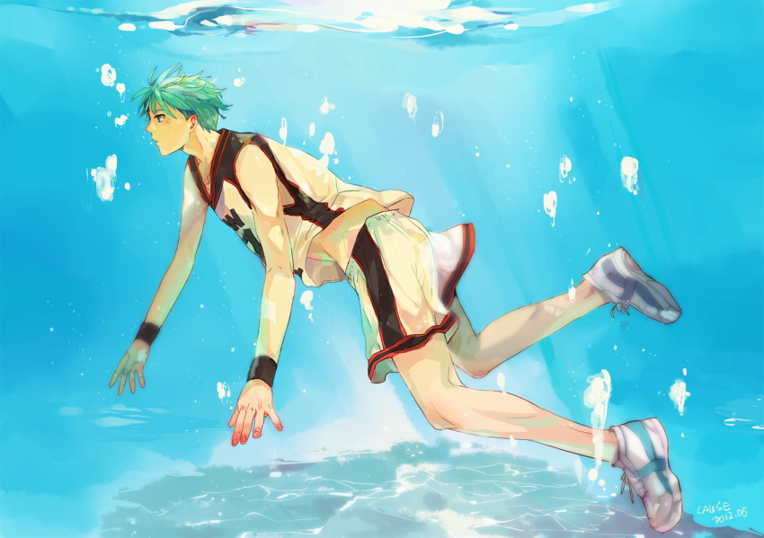bad_id blue_eyes blue_hair bubble cause clothes_writing gym_uniform highres kuroko_no_basket kuroko_no_basuke kuroko_tetsuya male short_hair shorts solo sportswear swimming tennis_shoes underwater water wristband