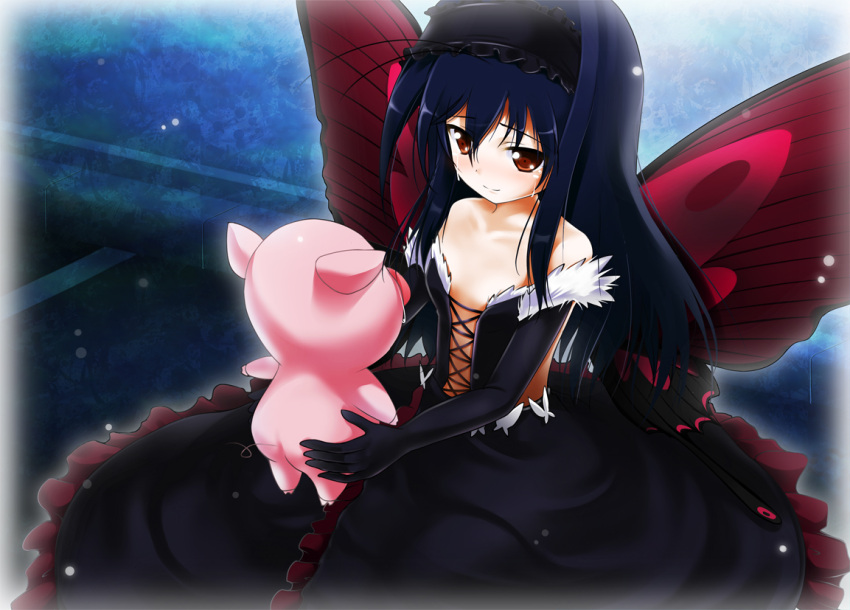 antenna_hair arita_haruyuki bare_shoulders black_hair brown_eyes butterfly butterfly_wings elbow_gloves gloves headband kuroyukihime long_hair mocchi pig tears wings