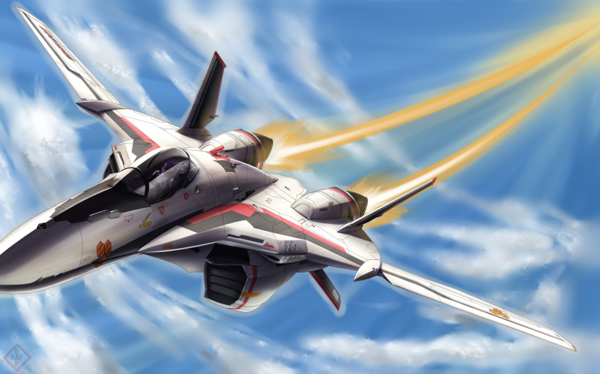 cloud clouds flying henry_gilliam highres jet macross macross_frontier mecha pilot_suit raybar saotome_alto sky vf-25