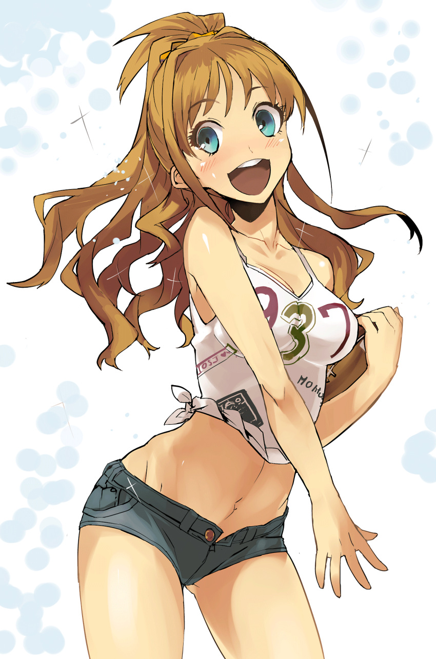 blue_eyes breasts brown_hair cleavage cowboy_shot denim denim_shorts highres hino_akane_(idolmaster) idolmaster idolmaster_cinderella_girls kusanagi_kaoru long_hair navel open_mouth open_shorts shorts smile solo tank_top unbuttoned