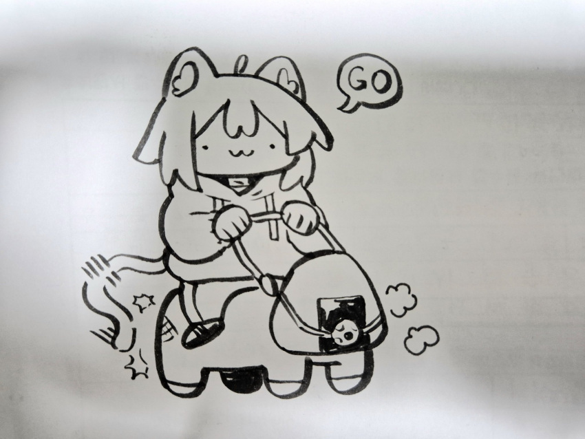 1girl :3 ahoge animal_ears cat_ears cat_girl cat_tail cocomayo29_(tomato) commentary english_text hair_between_eyes highres hololive hood hoodie long_sleeves nekomata_okayu nekomata_okayu_(1st_costume) onigirya_(nekomata_okayu) riding speech_bubble tail traditional_media untranslatable_commentary virtual_youtuber