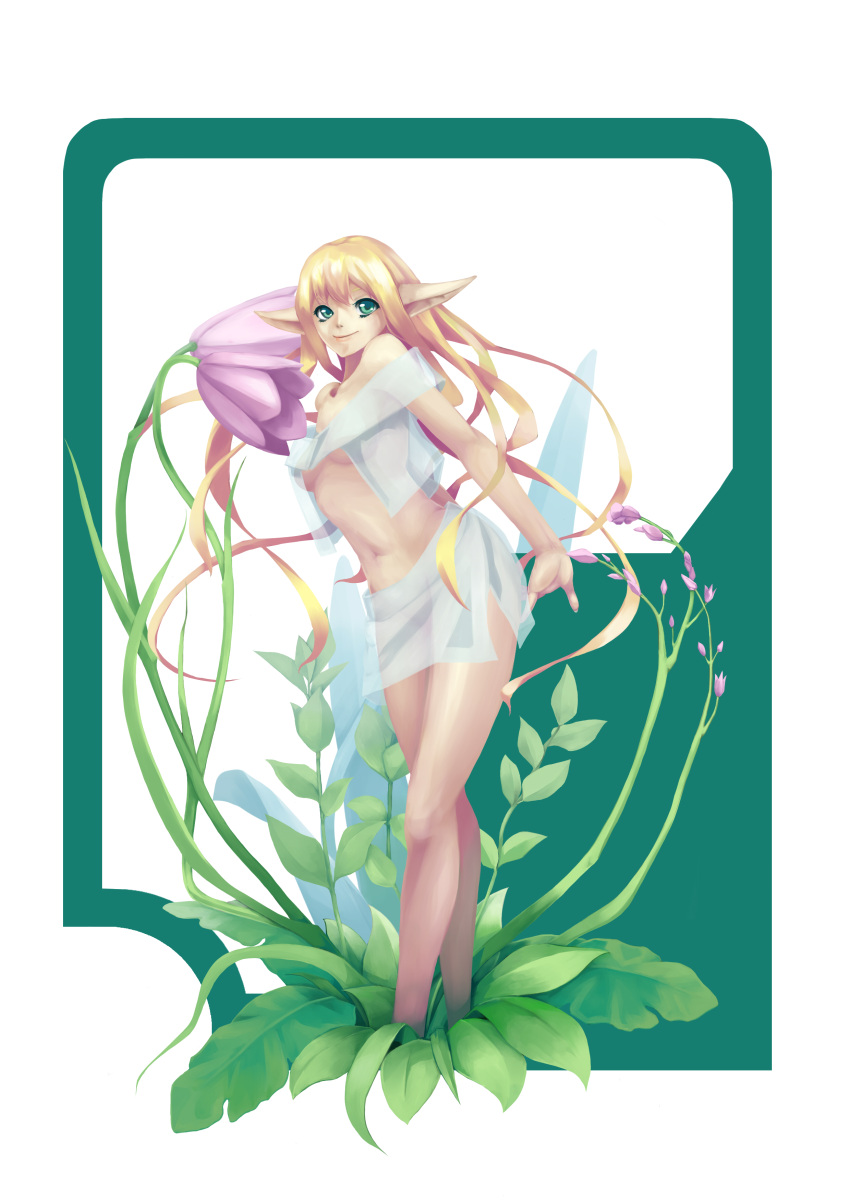 absurdres blonde_hair breasts elf flower green_eyes highres iorlvm lips long_hair navel original pointy_ears see-through smile solo white_background
