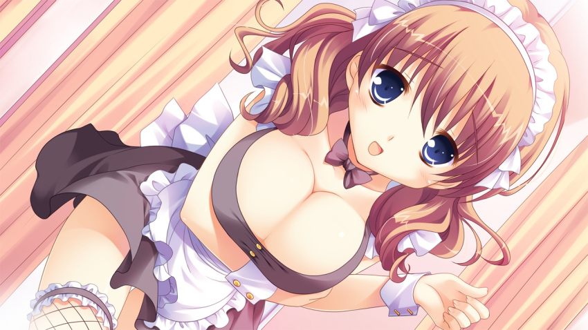 apron artist_request blue_eyes bow breast_hold breasts brown_hair character_request cleavage dutch_angle fishnets game_cg headdress large_breasts long_hair princess-style skirt solo wrist_cuffs yomogida_sachi yuyi