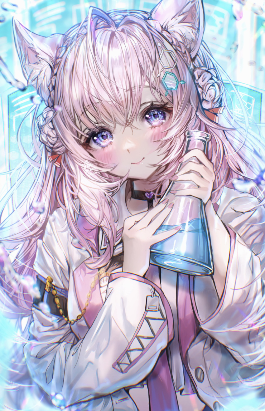 1girl animal_ear_fluff animal_ears bangs black_choker blush braid braided_bun choker closed_mouth commentary coyote_ears crown_braid double_bun eyebrows_visible_through_hair flask hair_ornament hakui_koyori hands_up highres holding holding_flask hololive labcoat long_hair long_sleeves looking_at_viewer onenechan pink_hair pink_nails pocket_watch smile solo thigh-highs upper_body violet_eyes virtual_youtuber watch