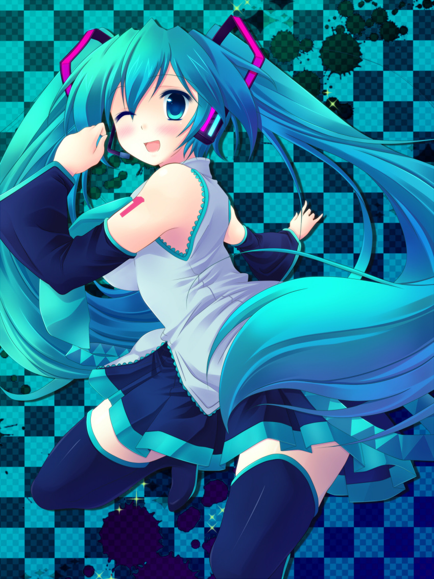 aosora aqua_eyes aqua_hair boots checkered checkered_background detached_sleeves hatsune_miku headset highres long_hair necktie skirt solo thigh-highs thigh_boots thighhighs twintails very_long_hair vocaloid wink
