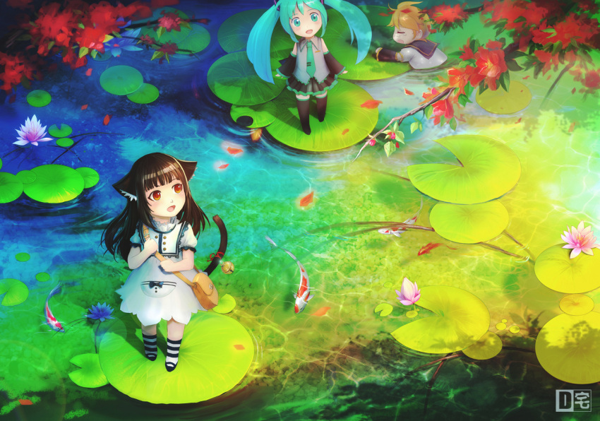 2girls animal_ears aqua_eyes aqua_hair bell black_hair blonde_hair cat_ears cat_tail detached_sleeves dress fish hatsune_miku jingle_bell kagamine_len lily_pad long_hair multiple_girls necktie open_mouth partially_submerged pcw red_eyes skirt tail thigh-highs thighhighs twintails vocaloid water