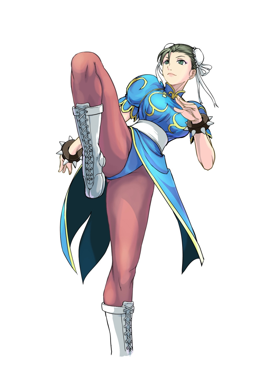 boots bracelet breasts brown_hair brown_legwear bun_cover china_dress chinese_clothes chun-li cross-laced_footwear double_bun earrings fighting_stance green_eyes highres jewelry leg_up legs mochizuki-m pantyhose short_hair solo spiked_bracelet spikes street_fighter white_background