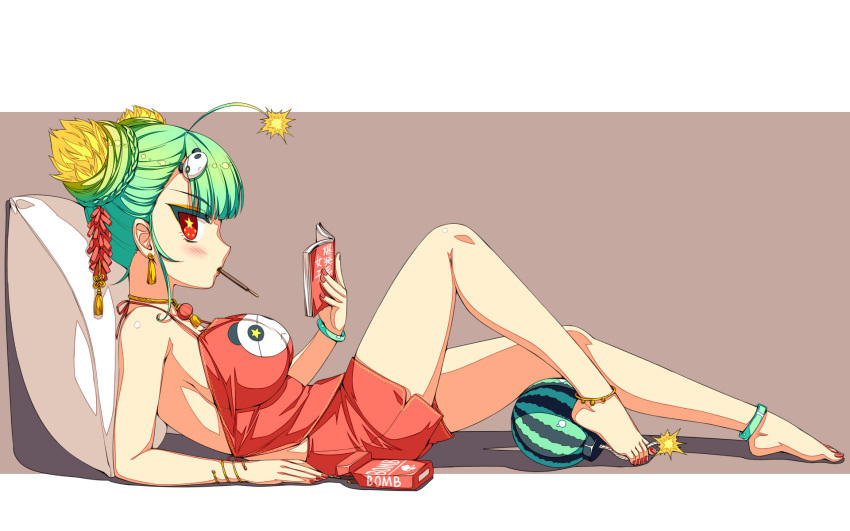 1920x1200 ahoge animal_hair_ornament anklet bangs bare_legs bare_shoulders barefoot blunt_bangs blush bomb book bracelet breasts brown_background chinese_clothes cushion double_bun du_dou earrings english fingernails finished food fruit full_body green_hair hair_bun hair_ornament highres holding holding_book honihoni jewelry large_breasts legs legs_folded looking_at_viewer lying mouth_hold nail_polish neck_ring on_back original panda_print pillow pocky profile reading red_eyes red_nails shorts sideboob simple_background sleeveless solo star star-shaped_pupils suisui_(honihoni) symbol-shaped_pupils tassel themed_object thighs toenail_polish toenails two-tone_background wallpaper watermelon