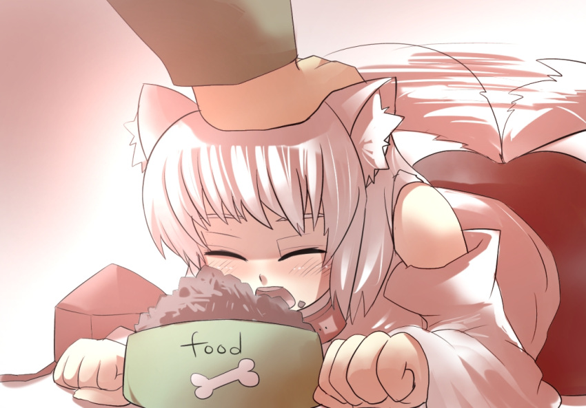 animal_ears bare_shoulders closed_eyes detached_sleeves dog_food eating eyes_closed gaoo_(frpjx283) hand_on_head hat hat_removed headwear_removed inubashiri_momiji petting smile solo tail tail_wagging tokin_hat touhou white_hair wolf_ears wolf_tail