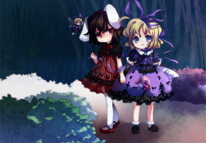 alternate_color amo animal_ears blonde_hair blue_eyes bow brown_hair bunny_ears child dress elbow_gloves full_body gloves hair_bow hair_ribbon highres inaba_tewi loafers mary_janes medicine_melancholy multiple_girls open_mouth pantyhose player_2 purple_dress rabbit_ears red_eyes ribbon shoes short_hair socks stuffed_animal stuffed_bunny stuffed_toy su-san touhou white_legwear wings