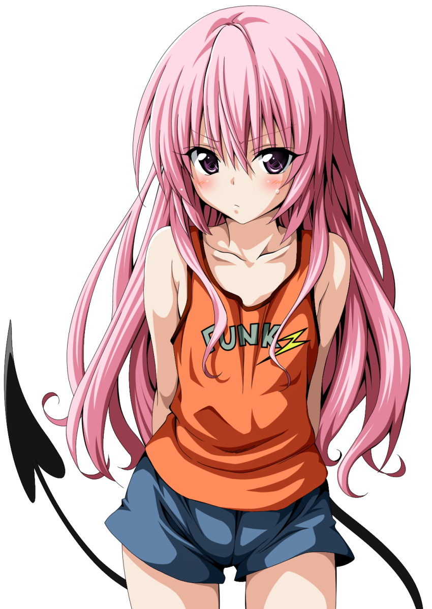 1girl clothes_writing colored highres long_hair nana_asta_deviluke pink_eyes pink_hair shorts simple_background solo tail to_love-ru to_love-ru_darkness to_love_ru toshi5765 transparent_background vest yabuki_kentarou