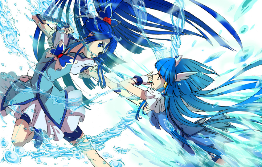 aoki_reika battle bike_shorts blue blue_dress blue_eyes blue_hair bow_(weapon) brooch butterfly_hair_ornament color_connection creator_connection cure_aqua cure_beauty dress flower hair_ornament hair_tubes harekawa head_wings highres ice jewelry long_hair magic magical_girl minazuki_karen multiple_girls payot ponytail power_connection precure red_rose rose serious shoes shorts_under_skirt skirt smile_precure! tiara water weapon white_background wrist_cuffs yes!_precure_5