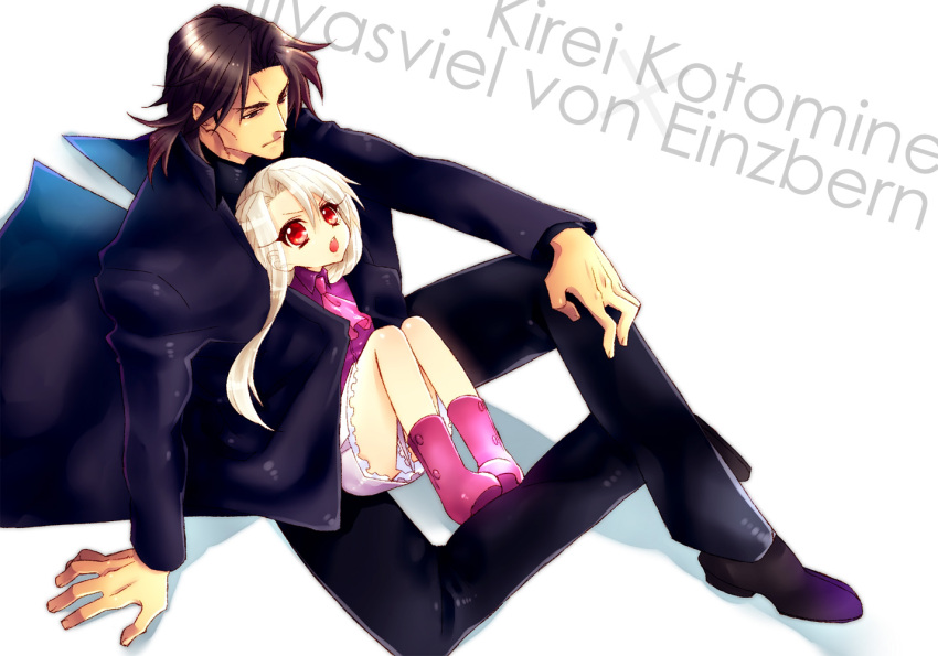 1girl brown_eyes brown_hair cassock character_name die fate/stay_night fate_(series) illyasviel_von_einzbern kotomine_kirei long_hair red_eyes silver_hair sitting sitting_in_lap sitting_on_lap sitting_on_person white_hair