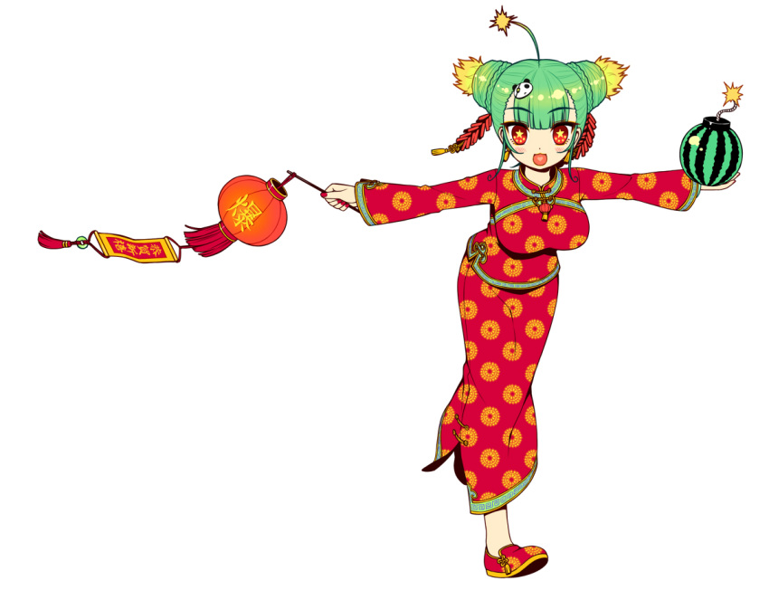 ahoge animal_hair_ornament bomb breasts china_dress chinese_clothes chinese_new_year double_bun food fruit green_hair hair_bun hair_ornament heart heart_in_mouth honihoni lantern large_breasts leg_lift long_skirt nail_polish new_year open_mouth original paper_lantern red_eyes red_shoes shoes side_slit simple_background skirt smile solo standing standing_on_one_leg star star-shaped_pupils suisui_(honihoni) symbol-shaped_pupils tassel watermelon white_background