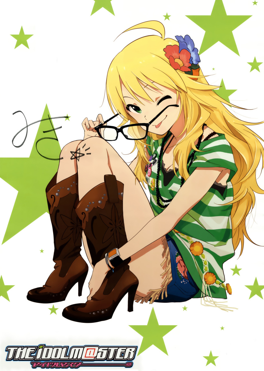 absurdres ahoge beads blonde_hair boots bra_strap bracelet breasts character_name cleavage cover dvd_cover flower glasses glasses_removed hair_flower hair_ornament highres hoshii_miki idolmaster jewelry long_hair necklace nishigori_atsushi official_art pin shirt shorts sitting solo star striped striped_shirt the_idolm@ster title_drop tongue tongue_out watch wink wristwatch