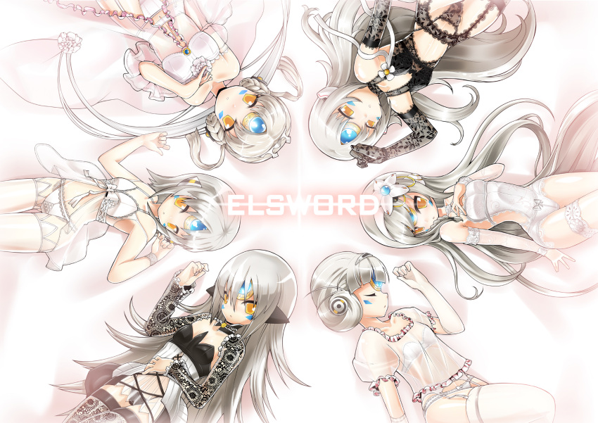 bad_id bra camisole elsword eve_(elsword) gloves highres lingerie long_hair multiple_persona panties poseich see-through short_hair title_drop underwear white white_background white_bra white_hair white_panties yellow_eyes