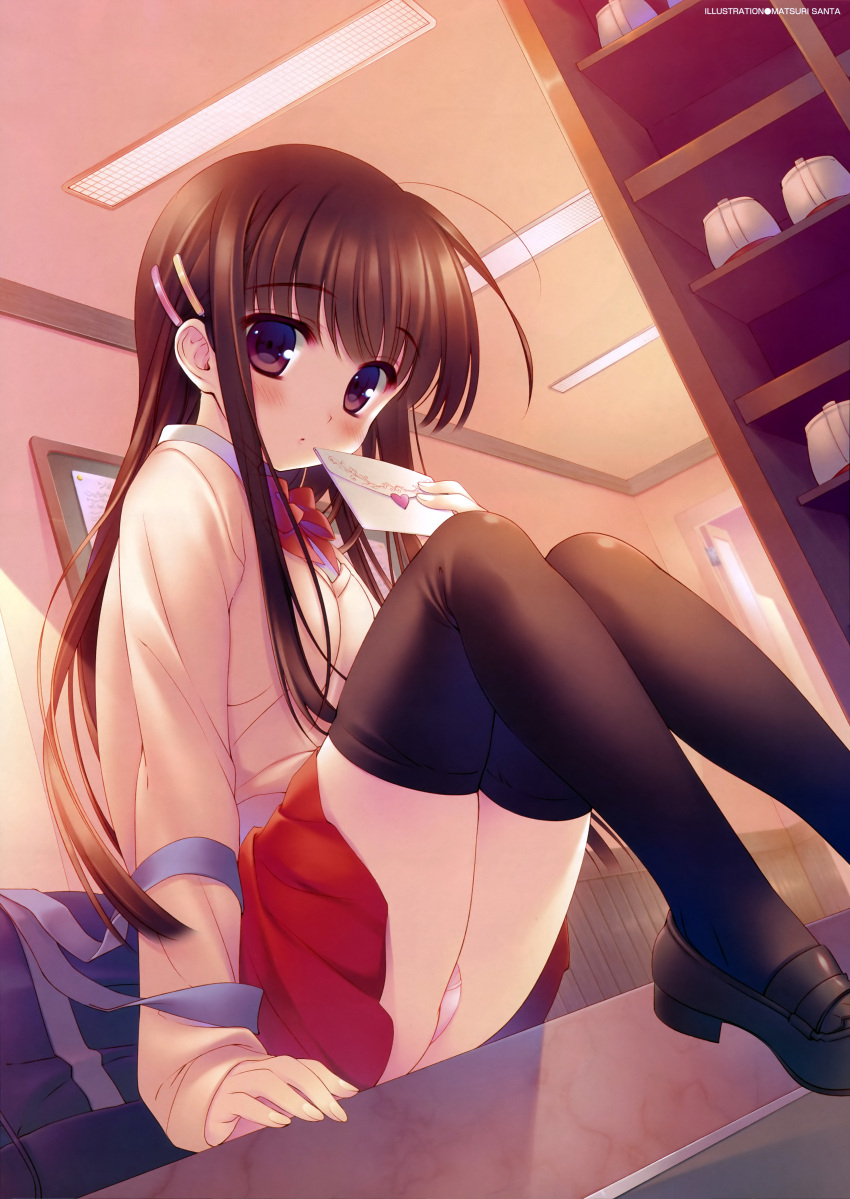 absurdres black_legwear blush bowtie brown_hair dutch_angle hair_ornament hairclip highres letter loafers long_hair looking_at_viewer love_letter original panties pantyshot pantyshot_(sitting) pantyshot_sitting purple_eyes santa_matsuri school_uniform shoes sitting skirt sleeves_past_wrists solo sweater thigh-highs thighhighs underwear uwabaki violet_eyes white_panties