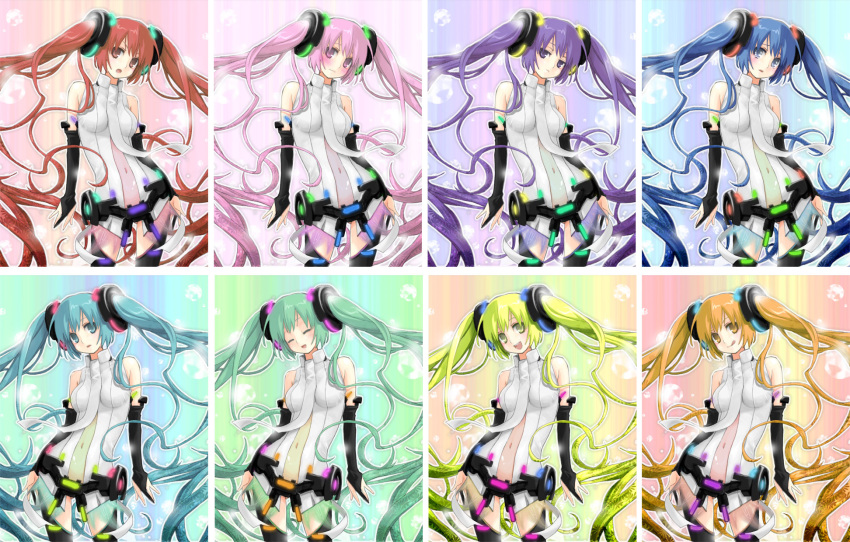 alternate_color blush bridal_gauntlets colorful hatsune_miku hatsune_miku_(append) highres koshino_nose long_hair miku_append necktie smile thigh-highs thighhighs tongue twintails very_long_hair vocaloid vocaloid_append