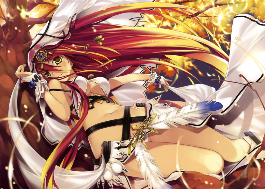 bare_shoulders breasts brown_eyes cleavage dark_skin feathers fingerless_gloves fire fujima_takuya gloves headdress highres long_hair midriff navel original panties parted_lips red_hair redhead sash solo thigh_gap thighs under_boob underboob underwear white_gloves white_panties