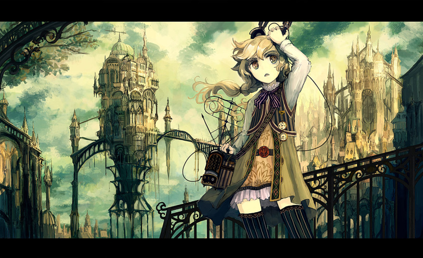 architecture arm_up bag black_legwear blonde_hair bridge brown_eyes building cable city fence gothic_architecture hatoya_hato headphones holding letterboxed open_mouth original shoulder_bag sky solo striped striped_legwear thigh-highs thighhighs watch