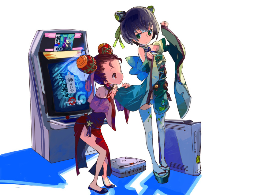 arcade_cabinet black_hair brown_hair dodonpachi dodonpachi_daioujou dodonpachi_saidaioujou dreamcast green_eyes hair_ornament highres hikari_(saidaioujou) instrument japanese_clothes leinyan maracas multiple_girls personification red_eyes samba_de_amigo skirt skirt_lift thigh-highs thighhighs xanado xbox