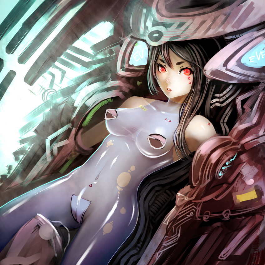 bare_shoulders black_hair bodysuit breasts cherokee_(pixiv) copyright_request highres long_hair looking_at_viewer machine maebari mechanical_fixation red_eyes see-through skin_tight solo