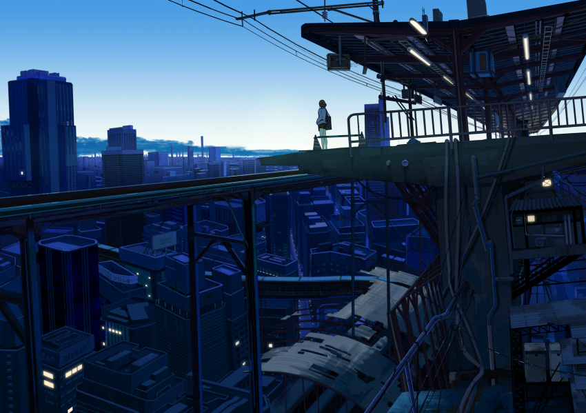bag cable city cityscape cloud dusk earphones fluorescent_lamp from_above from_behind high highres kurono-kuro original pipes rail_station railroad_tracks scenery short_hair shorts sky solo traffic_cone train_station twilight