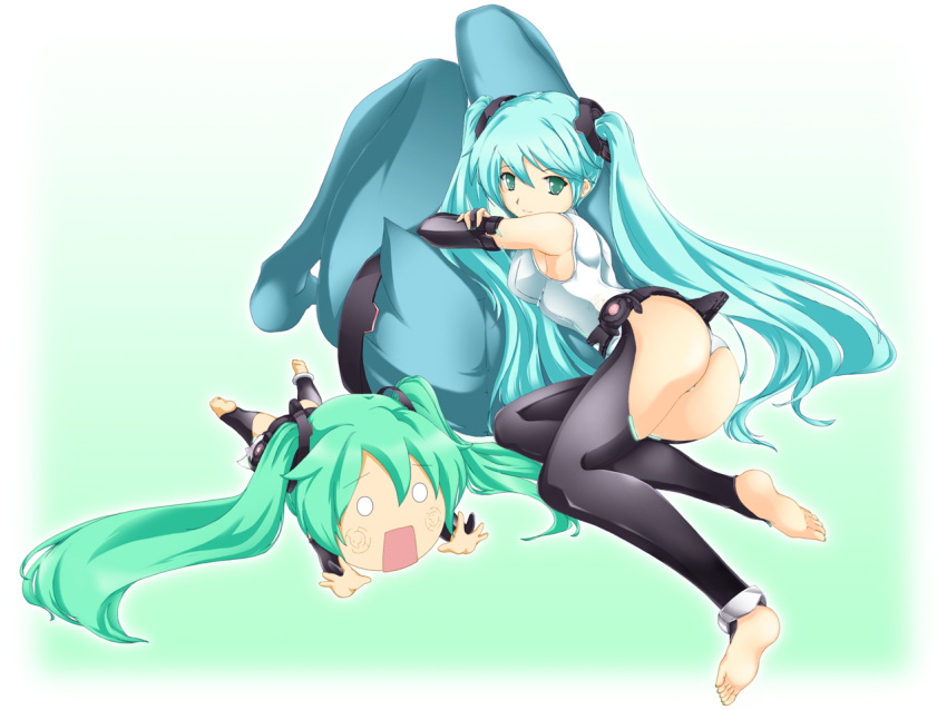 aqua_hair ass barefoot elbow_gloves fingerless_gloves gloves hachune_miku hatsune_miku hatsune_miku_(append) long_hair looking_at_viewer looking_back lying miku_append on_side shiteyan'yo shiteyan'yo simple_background smile twintails unatama very_long_hair vocaloid vocaloid_append