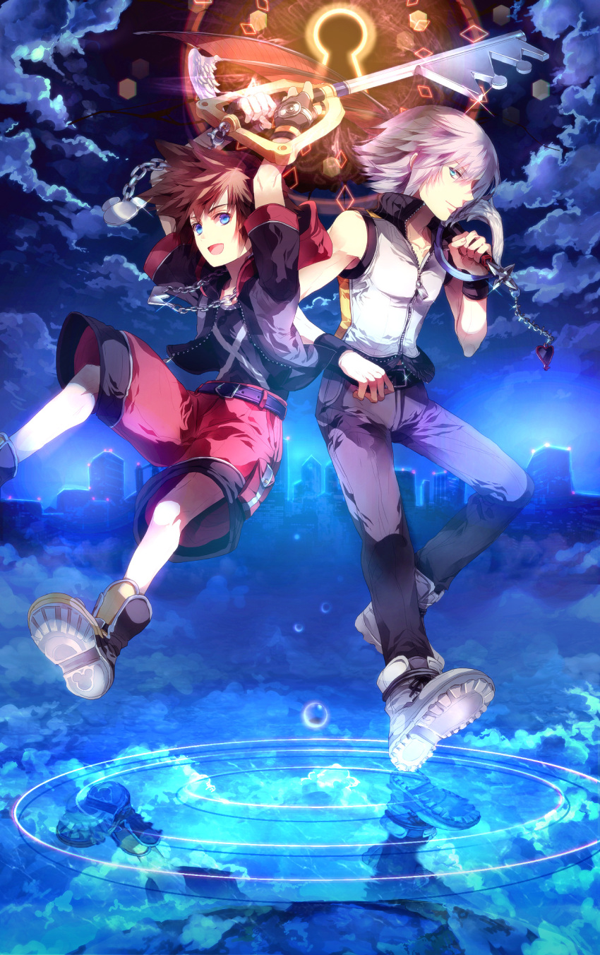 arms_up blue_eyes brown_hair cloud clouds fingerless_gloves gloves highres hoodie instrument jewelry keyblade keyboard_(instrument) keyhole kingdom_hearts kingdom_hearts_3d_dream_drop_distance multiple_boys necklace open_mouth reflection riku short_hair shorts silver_hair sky sleeveless sleeveless_shirt sora_(kingdom_hearts) sunakumo water_drop wristband