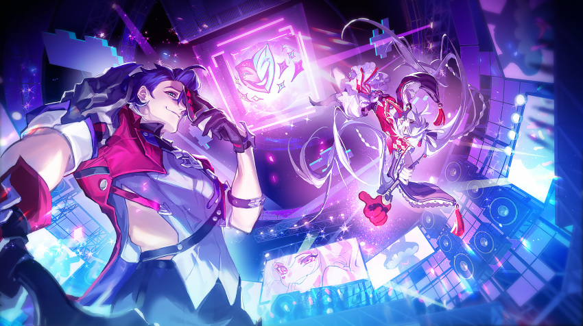 1boy 1girl aha_(honkai:_star_rail) baishun belt black_belt black_choker black_gloves black_hat black_sleeves black_sweater black_thighhighs blonde_hair blue_bow blue_hair blush bow braid braided_sidelock breasts butterfly-shaped_pupils ceiling chinese_commentary choker closed_mouth clothing_cutout club_(shape) collar commentary_request dagger diamond_(shape) diamond_facial_mark diamond_on_cheek facial_mark falling floating_hair flower_tattoo frilled_bow frilled_collar frilled_skirt frilled_sleeves frills gloves green_eyes grey_armor grey_hair grey_tank_top grin hair_between_eyes hair_intakes hat hat_bow hat_ornament heart heart_facial_mark heart_on_cheek highres hip_vent holding holding_mask holding_weapon honkai:_star_rail honkai_(series) iridescent jacket knife lapels long_hair long_sleeves looking_at_viewer mark_under_both_eyes mask mask_on_head megaphone mini_hat mini_top_hat monitor multicolored_hair multiple_boys ojou-sama_pose one_eye_closed open_mouth pink_eyes plaid_clothes plaid_sleeves poker purple_hair puzzle rabbit_ear_headwear rabbit_hat_ornament red_eyes red_hair red_jacket red_ribbon red_sleeves ribbon sailor_collar sampo_koski screen semi-rimless_eyewear shirt short_hair shoulder_cutout single_glove skirt smile solo spade_(shape) sparkle_(honkai:_star_rail) sparxie_(honkai:_star_rail) stage standing streaked_hair supplicant_mask sweater symbol-shaped_pupils tank_top tattoo thigh-highs thumbs_up thumbs_up_emoji tied_jacket top_hat trash_can triangle_mouth twintails upper_body upside-down very_long_hair weapon white_hair white_skirt wide_sleeves