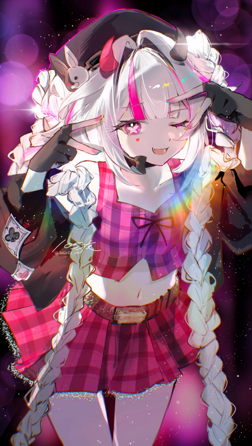 1girl arms_up asymmetrical_horns bare_shoulders belt black_background black_choker black_gloves braid breasts butterfly-shaped_pupils checkered_clothes choker collarbone cowboy_shot crop_top danmaku_comments diamond_(shape) diamond_facial_mark diamond_on_cheek double_bun double_v facial_mark fang fingerless_gloves fingernails fur-trimmed_jacket fur_trim gloves hair_bun hands_up hat hat_chain hat_ornament heart heart_facial_mark highres honkai:_star_rail honkai_(series) horns jacket leg_warmers long_hair looking_at_viewer mismatched_horns multicolored_hair nail_polish navel official_art_inset one_eye_closed open_mouth pink_hair pink_horns pink_nails pink_skirt pink_tank_top plaid_clothes plaid_skirt plaid_tank_top poker purple_leg_warmers rabbit_hat_ornament red_streaks ribbon skirt smile solo sparkle_(honkai:_star_rail) sparxie_(ethereal_dance)_(honkai:_star_rail) sparxie_(honkai:_star_rail) standing stella_(105_yoru) streaked_hair symbol-shaped_pupils tank_top twin_braids v white_hair