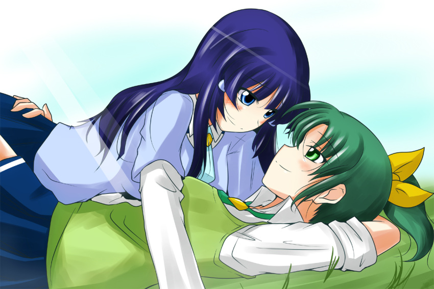 aoki_reika blue_eyes blue_hair blush eye_contact girl_on_top grass green_eyes green_hair hair_ornament hairclip hand_on_ass happy long_hair looking_at_another lying midorikawa_nao multiple_girls necktie nishi_koutarou ponytail precure school_uniform sleeves_rolled_up smile smile_precure! sweater_vest yuri