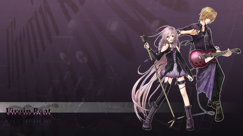 1920x1080 1girl bare_shoulders blonde_hair blue_eyes boots braid electric_guitar guitar highres ia ia_(vocaloid) instrument les_paul long_hair looking_at_viewer microphone microphone_stand mismatched_legwear off_shoulder open_mouth pink_hair plectrum shirano shirano_(hiromaxi729) single_thighhigh skirt solo thigh_strap thighhighs twin_braids very_long_hair vintage_microphone vocaloid