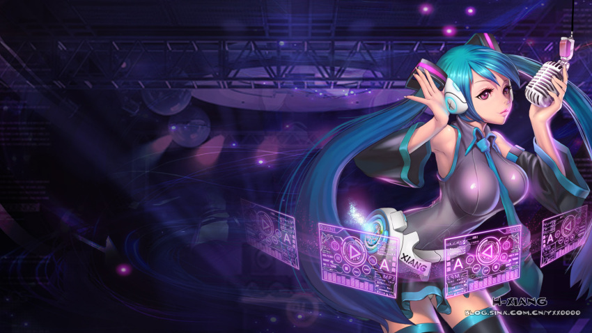 1920x1080 aqua_hair armpits bare_shoulders breasts character_name detached_sleeves h-xiang hand_on_headphones hatsune_miku headphones highres large_breasts long_hair microphone necktie panties pantyshot purple_eyes skirt solo thigh-highs thighhighs twintails underwear very_long_hair violet_eyes vocaloid wallpaper