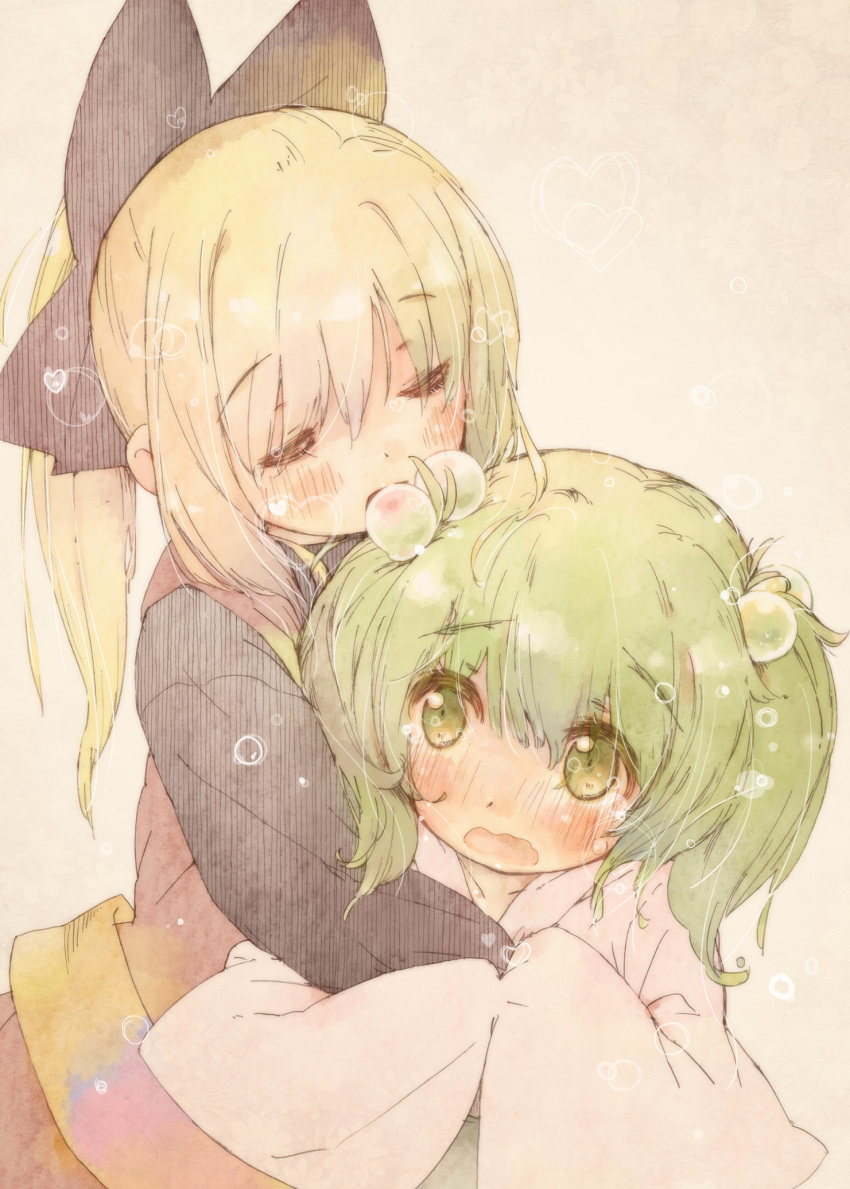 blonde_hair blush bow closed_eyes embarrassed eyes_closed green_eyes green_hair hair_bobbles hair_bow hair_ornament hands_in_sleeves highres hug kisume kurodani_yamame long_hair long_sleeves looking_at_another looking_up love multiple_girls open_mouth ponytail shipu_(toppintetratorten) short_hair simple_background touhou twintails wavy_mouth wide_sleeves yuri